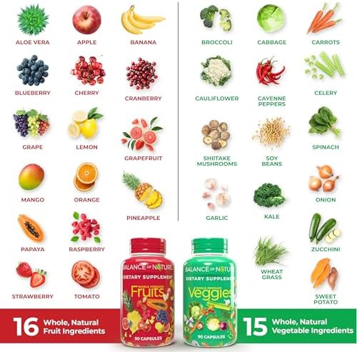 Balance of Nature Fruits & Veggies Supplements - Whole Fruit and Vegetable Ingredients for Women, Men, and Kids - 90 Fruit Capsules, 90 Veggie Capsules - 2 Sets - Image 4