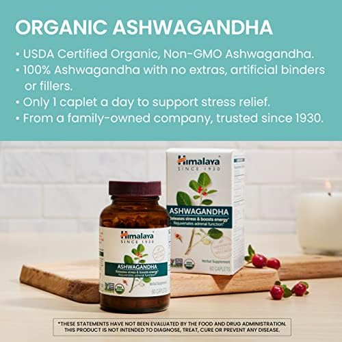 Himalaya Organic Ashwagandha, 120 Day Supply, Herbal Supplement for Stress Relief, Energy Support, Occasional Sleeplessness, USDA Organic, Non-GMO, Vegan, Gluten Free, 670 mg, 60 Caplets, 2 Pack - Image 3