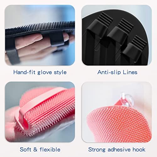 Manmihealth Silicone Back Scrubber & Soft Bath Glove Set 4 PCS(Thick Bristles), Super-Exfoliating Body Scrubber & Super-Lathering Shower Brush Combination, with 2 Free Hooks (Black) - Image 6