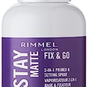 Rimmel London Stay Matte Fix & Go - 001 Transparent - 2-in-1 Primer & Setting Spray, Oil-Free, Locks Makeup into Place, Soothes Skin, 3.3 oz