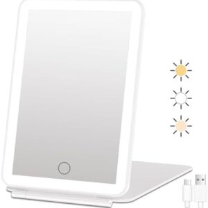FUNTOUCH Rechargeable Travel Makeup Mirror with 72 Led Lights, Portable Lighted Beauty Mirror, 3 Color Lighting, Dimmable Touch Screen, Tabletop LED Folding Cosmetic Vanity Mirror