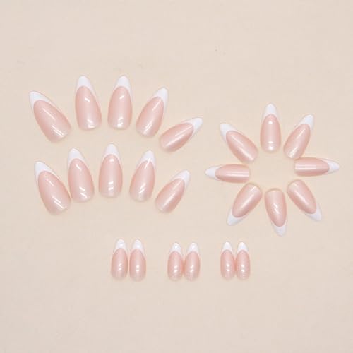 French Tip Press on Nails Medium Almond Fake Nails Press ons with Designs Chrome False Nails Long Glossy Full Cover Glue on Nails Cute Acrylic Stick on Nails for Women Nails Manicure Decoration 24Pcs - Image 5