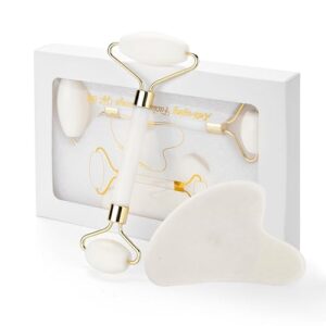 Gua Sha Facial Tools & Jade Roller for Face, Eye & Neck Skin Care, 100% Natural Jade Stone Face Roller Gua Sha Massage Tool, Eye Roller for Puffy Eyes, Facial Self Care Kit for Women (White)