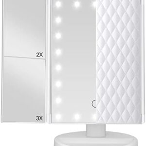 Trifold Vanity Mirror with Lights，Tabletop Mount Makeup Mirror with Lights and 1x/2x/3x Magnification 21LED Mirror Touch Screen Two Power Supply Modes Make Up Mirror