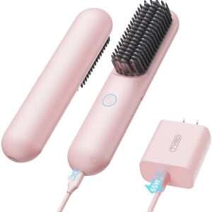 TYMO Cordless Hair Straightener Brush - Porta PRO Portable Straightening Brush for Travel, Mini Ionic Hot Comb Straightener for Women, Lightweight on-The-go, Cordless & Fast Charger Dual Power, Pink