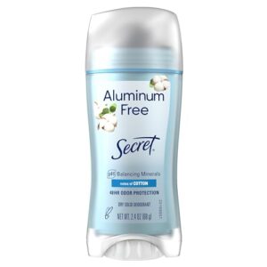 Secret Deodorant Aluminum Free for Women, 48hr Odor Protection, Free of Parabens Dyes Talc & Baking Soda, Cotton Scent, 2.4 oz