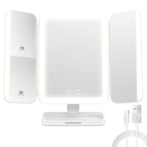 EASEHOLD Makeup Mirror with Lights, Rechargable Lighted Vanity Mirror with 116 LEDs, 1X/2X/3X Magnifying, 3-Color Mirror with LED Lights,5000 mAh Lighted Makeup Mirror, Adjustable Brightness/Angle