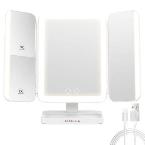 EASEHOLD Makeup Mirror with Lights, Rechargable Lighted Vanity Mirror with 116 LEDs, 1X/2X/3X Magnifying, 3-Color Mirror with LED Lights,5000 mAh Lighted Makeup Mirror, Adjustable Brightness/Angle
