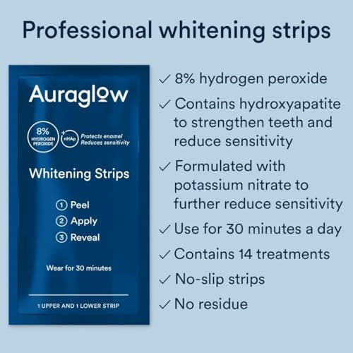 Auraglow Teeth Whitening Strips, Sensitive Whitening Strips, 14 Whitening Treatments, 8% Hydrogen Peroxide with Nano Hydroxyapatite (nHAp) to Reduce Sensitivity and Protect Enamel, 28 Strips, Mint - Image 2