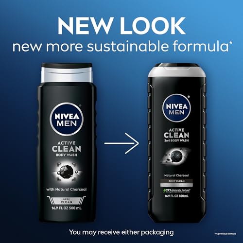 NIVEA MEN DEEP Active Clean Charcoal Body Wash, Exfoliating Body Wash for Men with Natural Charcoal, 3 Pack of 16.9 Fl Oz Bottles - Image 2