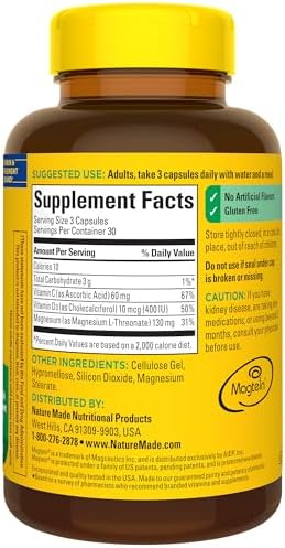 Nature Made Magnesium L-Threonate with Vitamin C & Vitamin D3, Provides 130 mg of Magnesium from 1800 mg Magnesium L Threonate, Cognitive Support Magnesium Supplement, 90 Capsules, 30 Day Supply - Image 9