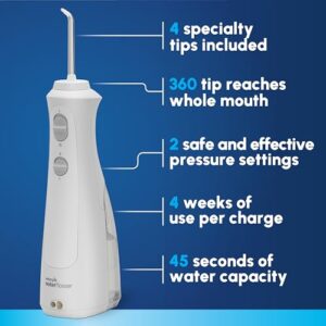 Waterpik Cordless Pearl Rechargeable Portable Water Flosser for Teeth, Gums, Braces Care and Travel with 4 Flossing Tips – ADA Accepted, WF-13 White, Packaging May Vary