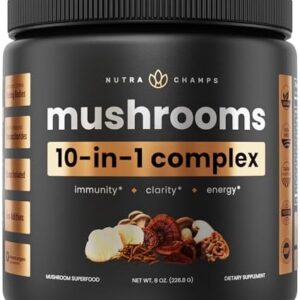 Organic Mushroom Powder - 10-in-1 Complex - Lions Mane, Reishi, Shiitake, Chaga, Turkey Tail, Cordyceps, Maitake & More - Mushroom Supplement Powder Blend for Memory, Focus & Immune Support - 8oz