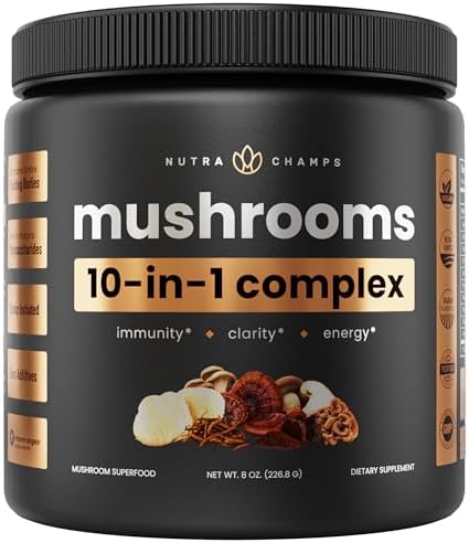 Organic Mushroom Powder - 10-in-1 Complex - Lions Mane, Reishi, Shiitake, Chaga, Turkey Tail, Cordyceps, Maitake & More - Mushroom Supplement Powder Blend for Memory, Focus & Immune Support - 8oz