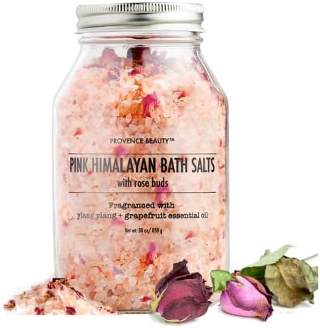 Pink Himalayan Bath Salt with Rose Petals -100% Natural Aromatherapy and Relaxation - Ylang Ylang Grapefruit Essential Oil Bath Salts for Women Relaxing-Cruelty-Free Cleanse Revitalize & Soothes Skin