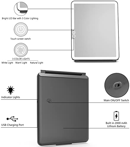 WEILY Portable Travel Mirror Makeup Mirror with 72 LED Lights, Touch Screen Three Colors Dimmable,Ultra Thin, 2000 mAh USB Rechargeable Foldable Cosmetic Mirror(Black) - Image 6
