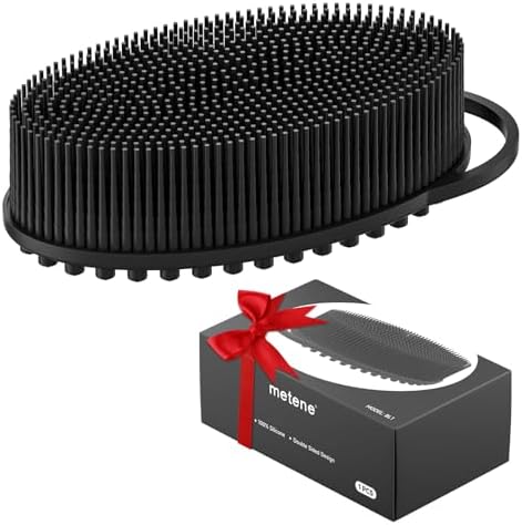 Metene Silicone Exfoliating Body Scrubber with Loop, Body Scrubber for Men and Women, Silicone Loofah for Shower, Soft Silicone Body Scrubber for Shower and Bath Skincare Routine (Black)