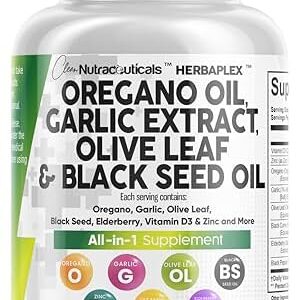 Clean Nutraceuticals Oregano Oil 6000mg Garlic Extract 4000mg Olive Leaf 3000mg Black Seed Oil 3000mg - Immune Support & Digestive Health Supplement for Women and Men with Vitamin D3 & Zinc - 60 Caps