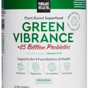 Vibrant Health, Green Vibrance, Includes 65 Plant-Based Superfoods, 25 Billion Probiotics, Fiber, Adaptogens & Enzymes, 30 Servings