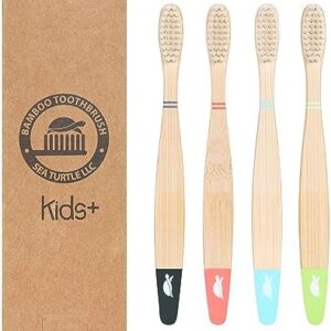 Sea Turtle Plant-Based Bristles, Bamboo Toothbrushes, Soft Natural Toothbrush for Kids (4 Pack)