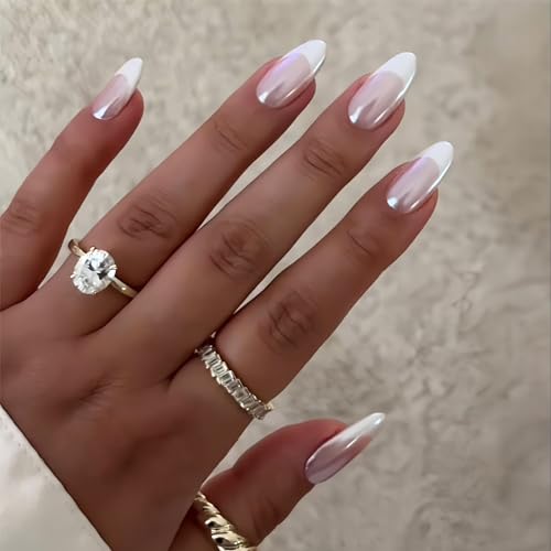 French Tip Press on Nails Medium Almond Fake Nails Press ons with Designs Chrome False Nails Long Glossy Full Cover Glue on Nails Cute Acrylic Stick on Nails for Women Nails Manicure Decoration 24Pcs - Image 2
