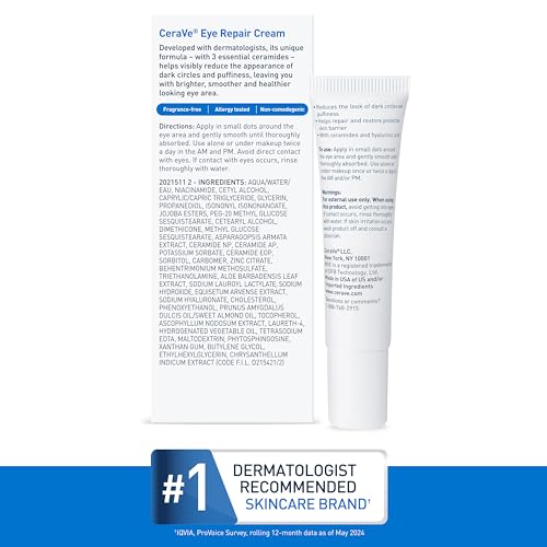 CeraVe Eye Repair Cream | Under Eye Cream For Puffiness And Bags Under Eyes | Hyaluronic Acid + Niacinamide + Marine Botanical Complex | Hydrating Eye Cream | Oil Free & Opthalmologist Tested - Image 7