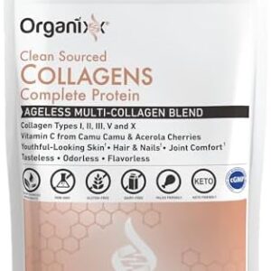 Organixx Collagen Peptides Powder with Vitamin C, Types I, II, III, V, X Hydrolyzed Collagen, Hair, Nail, Skin, Bone & Joint Health, Aging Support, Clean Sourced, Gluten Free, Unflavored, 20 Servings