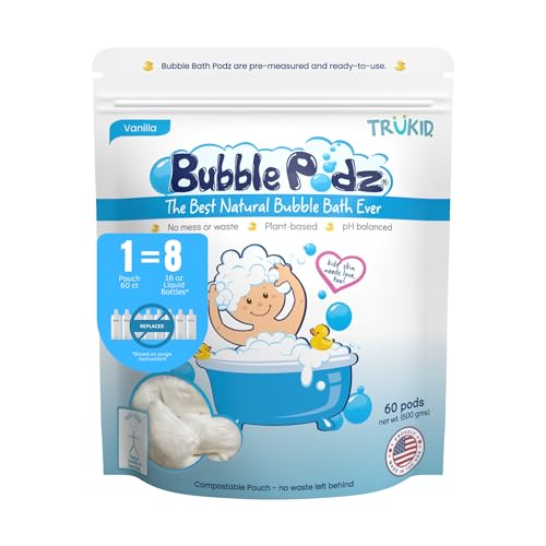 TruKid Bubble Podz Bubble Bath for Baby & Kids, Gentle Refreshing Bath Bomb for Sensitive Skin, pH Balance 7 for Eye Sensitivity, Natural Moisturizers and Ingredients, Vanilla (60 Podz)