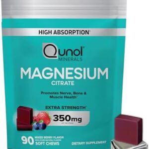 Qunol Magnesium Citrate Soft Chews, 350mg Extra Strength Magnesium Supplement, High Absorption to Support Nerve, Bone and Muscle Health, 90 Count