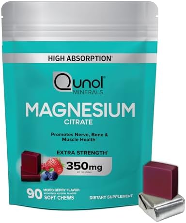 Qunol Magnesium Citrate Soft Chews, 350mg Extra Strength Magnesium Supplement, High Absorption to Support Nerve, Bone and Muscle Health, 90 Count