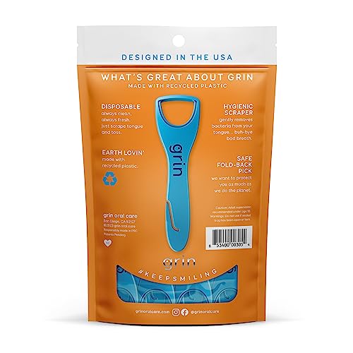 GRIN Tongue Cleaner, 32 Count, Disposable Tongue Cleaner, Hygienic Scraper, Recycled Plastic, Clean Tongue, Promote Fresh Breath, Includes Safe Fold- Back Tooth Pick - Image 2
