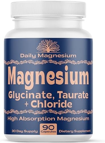 Triple Magnesium Complex 500mg from Magnesium Glycinate 1250mg, Magnesium Taurate 625mg, Magnesium Chloride 500mg - Premium, High Absorption Chelated Magnesium Supplement - 90 Capsules Made in USA