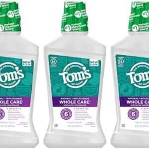 Tom's Of Maine Whole Care Natural Fluoride Mouthwash, Fresh Mint, 16 Oz (Pack of 3) (Packaging May Vary)