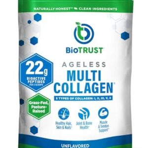 BioTrust Ageless Multi Collagen Peptides Powder – 5 Types (I, II, III, V, X) – Unflavored Collagen Powder for Women & Men – Hydrolyzed Protein – Grass Fed Beef, Fish, Chicken, Eggshell Membrane