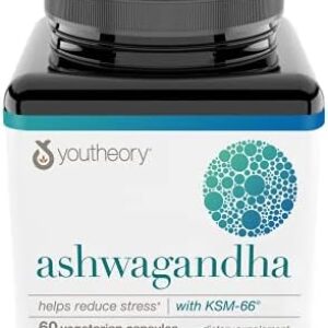Youtheory Ashwagandha - 1,000 mg - Stress Support Supplement - Cortisol Support Supplement - Gluten, Dairy & Soy Free - 60 Vegetarian Capsules