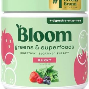 Bloom Nutrition Superfood Greens Powder, Digestive Enzymes with Probiotics and Prebiotics, Gut Health, Bloating Relief for Women, Chlorella, Green Juice Mix with Beet Root Powder, 30 SVG, Berry