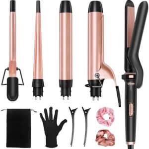 Ufree 5 in 1 Curling Iron with Interchangeable Ceramic Barrels (0.35"-1.25"), Curling Wand Set with Flat Iron Hair Straightener, Professional Instant Heat Up, Dual Voltage Hair Curler, Women Gifts