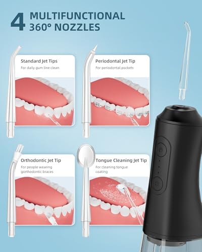Water Flosser, Water Dental Flosser Pick for Teeth, 300ML IPX7 Waterproof Oral Irrigator, 3 Modes 4 Replaceable Jet Tips, Professional Flossing Cleaning Picks for Home Travel Gums, Braces Care (Black) - Image 6