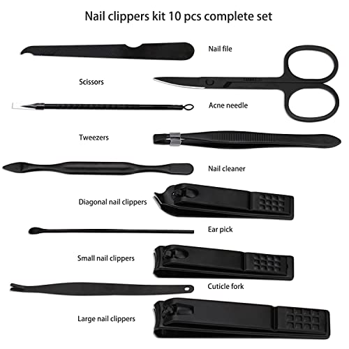 Manicure Set Nail Clippers Kit Professional Stainless Steel Nail Care Tools with Leather Travel Case 10 in 1 Black - Image 5