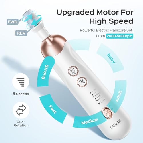 COSLUS Professional Manicure Pedicure Kit: 5 in 1 Electric Nail File Set Toenail Grinder, 5 Speed Cordless Nail Drill for Thick Nail Toenail Cuticle, Hand Feet Trimmer Buffer for Women Men Baby Pets - Image 3