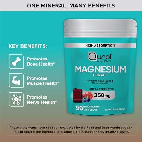 Qunol Magnesium Citrate Soft Chews, 350mg Extra Strength Magnesium Supplement, High Absorption to Support Nerve, Bone and Muscle Health, 90 Count - Image 4