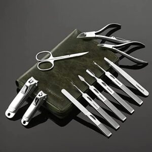 FAMILIFE Manicure Set, Professional Manicure Kit Nail Clippers Set 11 in 1 Stainless Steel Nail Pedicure Tools Kit Grooming Kit with Portable Green Leather Travel Case Luxury Gifts for Women and Men