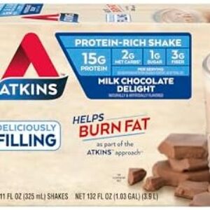 Atkins Milk Chocolate Delight Protein Shake, 15g Protein, Low Glycemic, 2g Net Carb, 1g Sugar, Keto Friendly, 12 Count