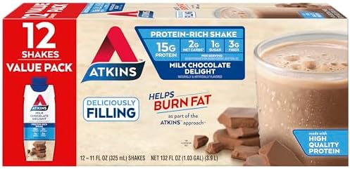Atkins Milk Chocolate Delight Protein Shake, 15g Protein, Low Glycemic, 2g Net Carb, 1g Sugar, Keto Friendly, 12 Count