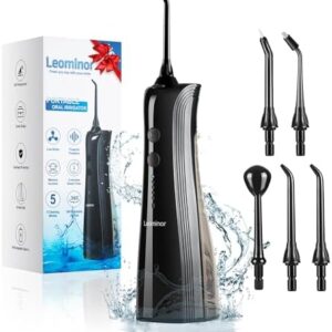 Leominor Water Dental Flosser Pick for Teeth - 5 Modes Cordless Portable Water Teeth Cleaner IPX7 Waterproof Oral Irrigator Rechargeable, Professional Flossing Cleaning Picks for Home Travel (Black)