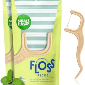 SMARTLIFECO Biodegradable Dental Floss Picks - Plant Based Handle, Thin Thread Tooth Flossers for Adults & Kids, Eco Friendly Toothpick Soft on Gum & Teeth, Compostable Zero Waste Vegan, 100 Mint