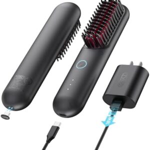 TYMO Porta Cordless Hair Straightener Brush, Portable Mini Straightening Brush for Travel, Negative Ion Hot Comb Hair Straightener for Women, Lightweight to Carry Out, USB Rechargeable, Black