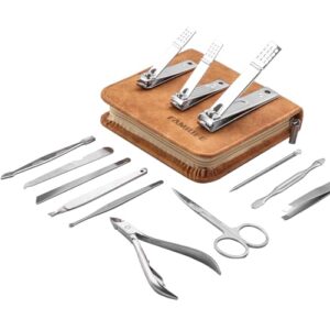 FAMILIFE Manicure Set, Nail Professional Kit Manicure Kit Nail Clipper Set, 13PCS Stainless Steel Nail Care Kit Pedicure Set Mens Grooming Kit, Mens Manicure Set with Brown Leather Travel Case for Men