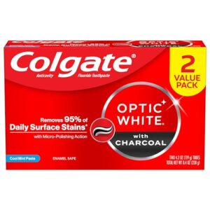 Colgate Optic White Charcoal Whitening Toothpaste, Cool Mint, Enamel-Safe with Fluoride, 2 Pack 4.2oz Tubes