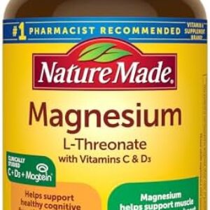 Nature Made Magnesium L-Threonate with Vitamin C & Vitamin D3, Provides 130 mg of Magnesium from 1800 mg Magnesium L Threonate, Cognitive Support Magnesium Supplement, 90 Capsules, 30 Day Supply